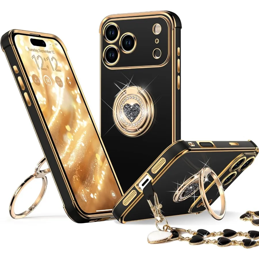 

Роскошный защитный чехол для телефона с двойной подставкой для iPhone 17 Pro Max, стильный дизайн в форме сердца для женщин и девочек, черный клин