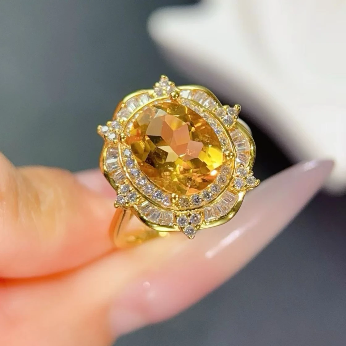 Certified 925 Silver Gold Plated Ring with Natural Citrine 8x10mm Genuine Yellow Crystal Jewelry Women's Anniversary Gift