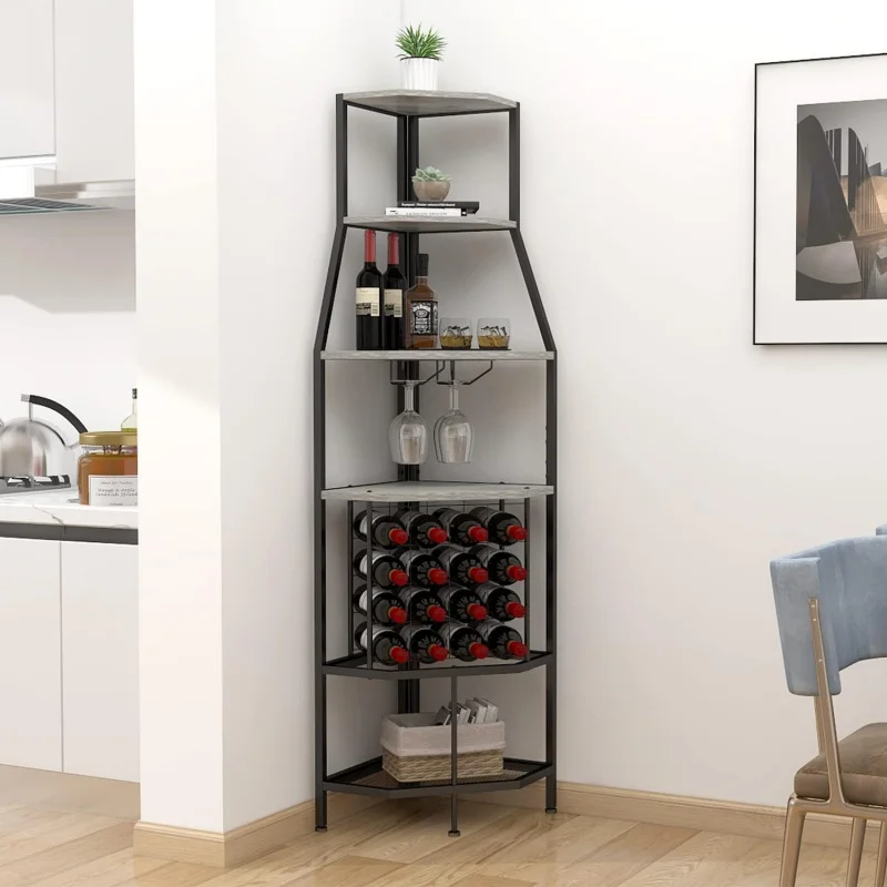

(UUX)5-Tier Corner Rack Floorstanding with Glass Holder and Bottles Wine Storage Bar Furniture for Home Kitchen Din UQ