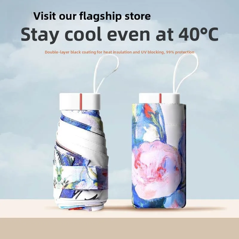 

Портативный складной зонт для женщин, солнцезащитный, непромокаемый, с иллюстрированным принтом, компактный, в стиле ручной росписи, маленький размер, для ручной клади