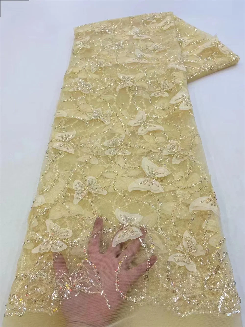 African Heavy Beaded Lace Fabric 2024 High Quality 5 Yards Nigerian Sequins Tulle 3D Fabric Material For Wedding