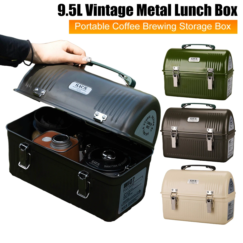 

9,5 л ящик для хранения с ручкой и защелкой, винтажный металлический ланч-бокс для кемпинга, пикника, ланч-бокса, портативный набор инструментов для заваривания кофе