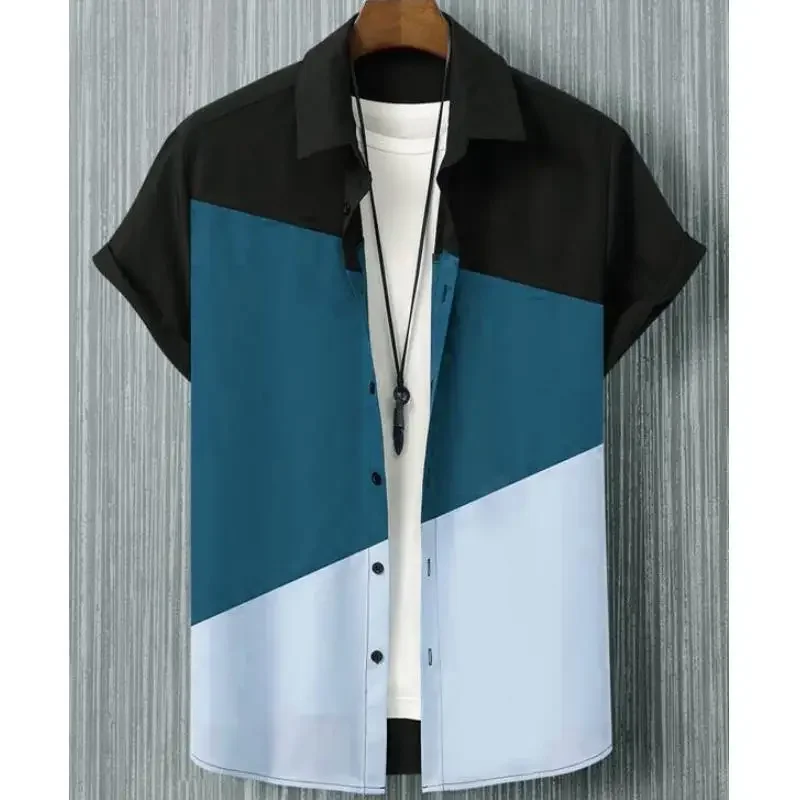 Nieuwe shirts voor mannen 3D patchwork geruite bedrukte herenkleding zomer casual korte mouwen dagelijkse straat tops los oversized shirt