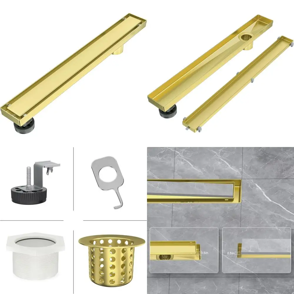 

36 Brushed Gold Linear Shower Drain with Reversible Tileable Cover, 304 Stainless Steel, Hair Catcher, Adjustable Feet