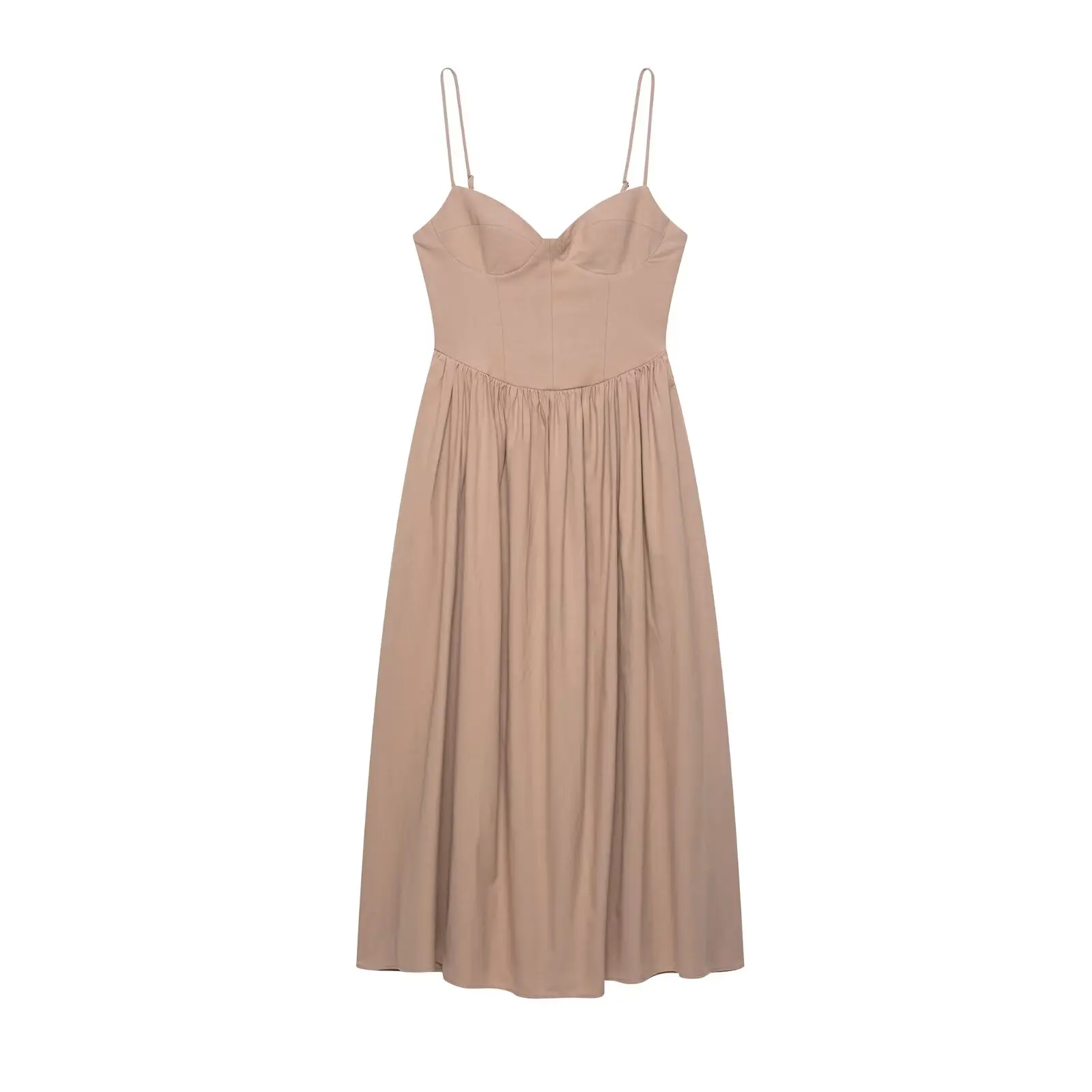 

BM&MD&ZA Womens French Style Elegant Sexy Low Cut Neck Sleeveless Spaghetti Strap Midi Dress with Pleats Loose and Flared Skirt