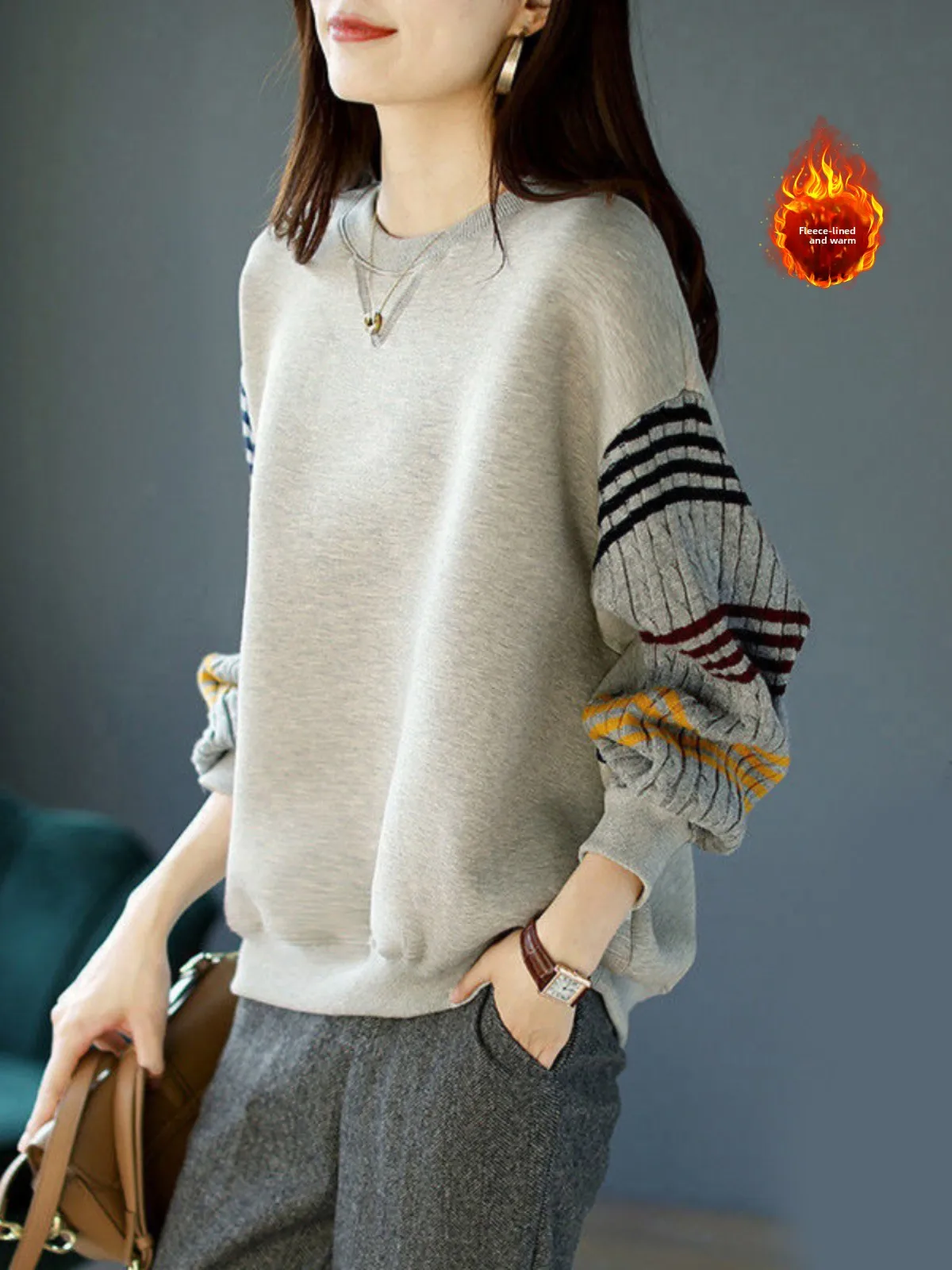 

Warm Fce Lined Knitted Print Sweatirt Long Sve round Ne Base irt Winter Casual Comfortable plus Size Women's Top