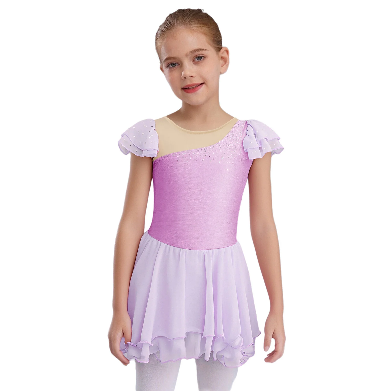 

Kids Girls Lyrical Ballet Dance Tutu Dresses Sheer Mesh Shiny Dress with Built-in Briefs for Ballet Stage Performance Costumes