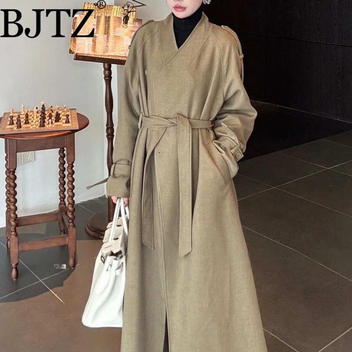 

BJTZ 2025 осень-зима Тренч с воротником-стойкой, женская мода, теплая шерстяная верхняя одежда с поясом, стильная офисная шикарная роскошная одежда