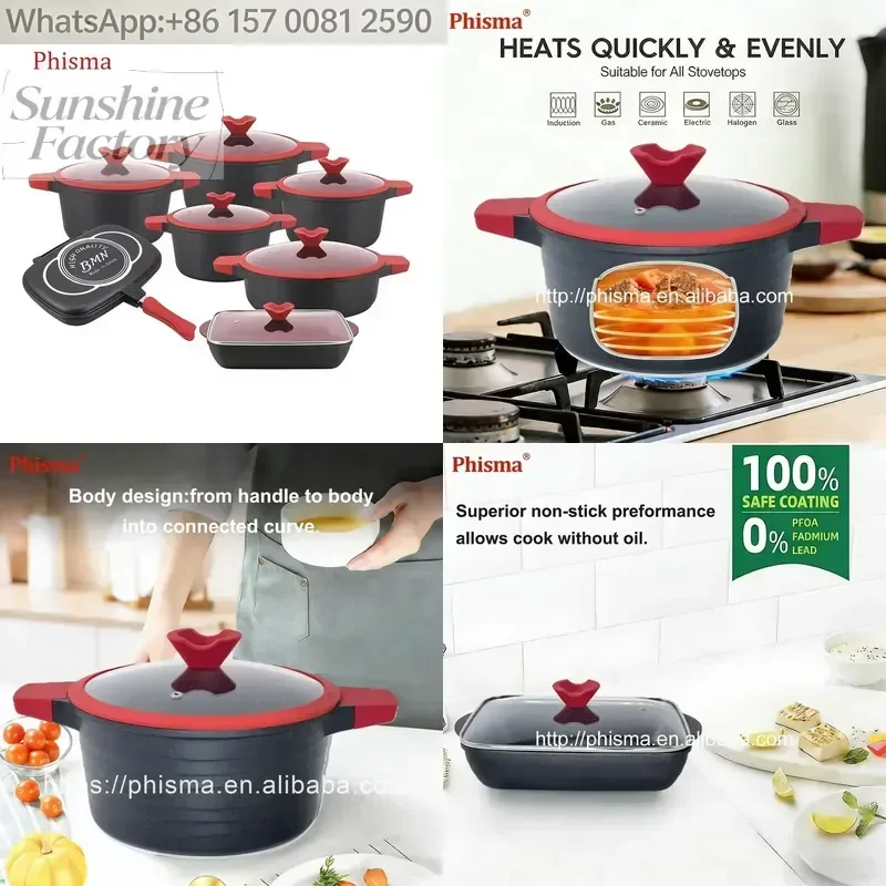 Factory Direct 14PCS Non-stick High Quality Die-cast Aluminum Induction Bottom Non Toxic Cookware Set with Silicone Glass Lid