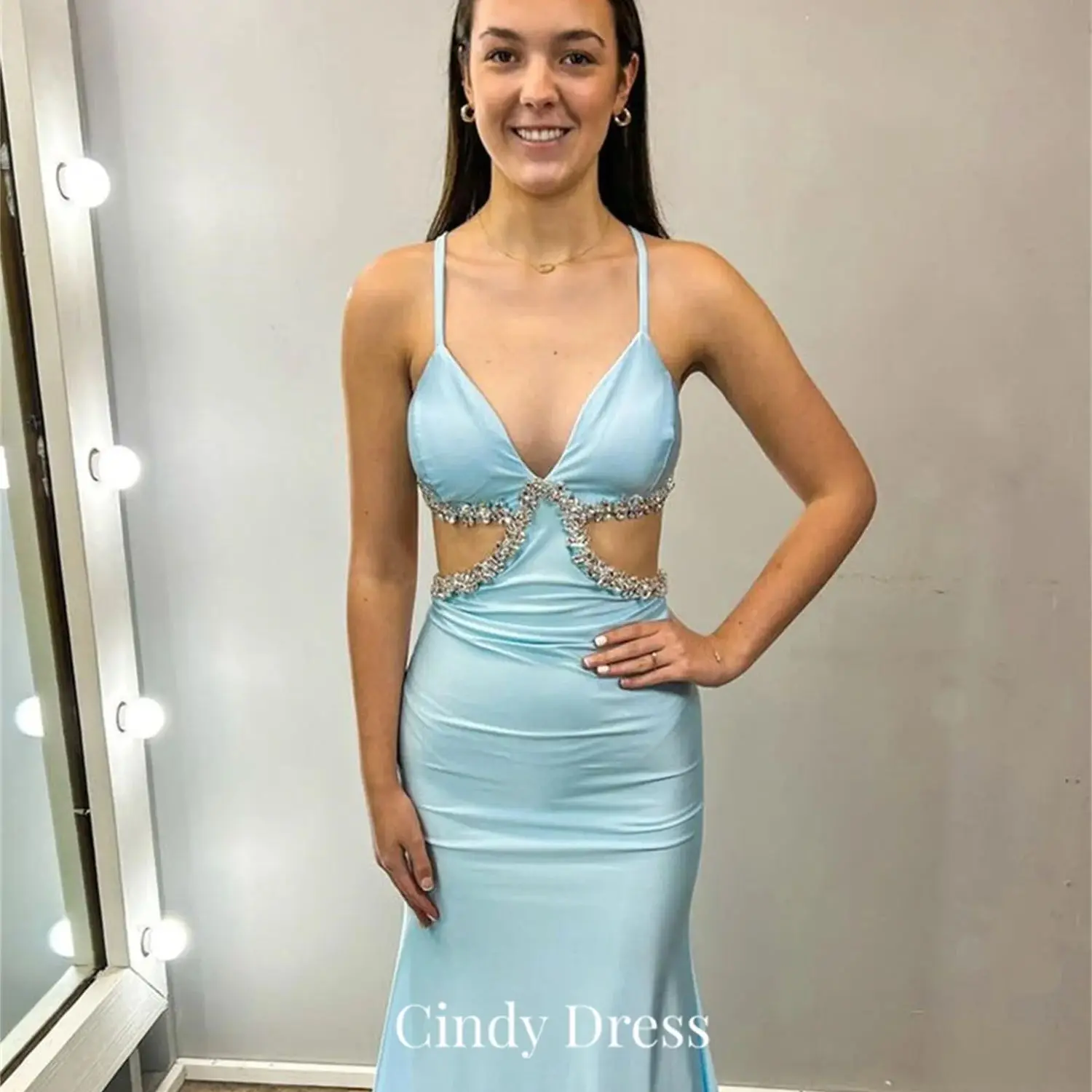 

Cindy Sky Blue Satin Mermaid Diamond Long Dresses Women's Dress Quinceanera Evening Gala Prom Wedding Elegant Gown Party Luxury