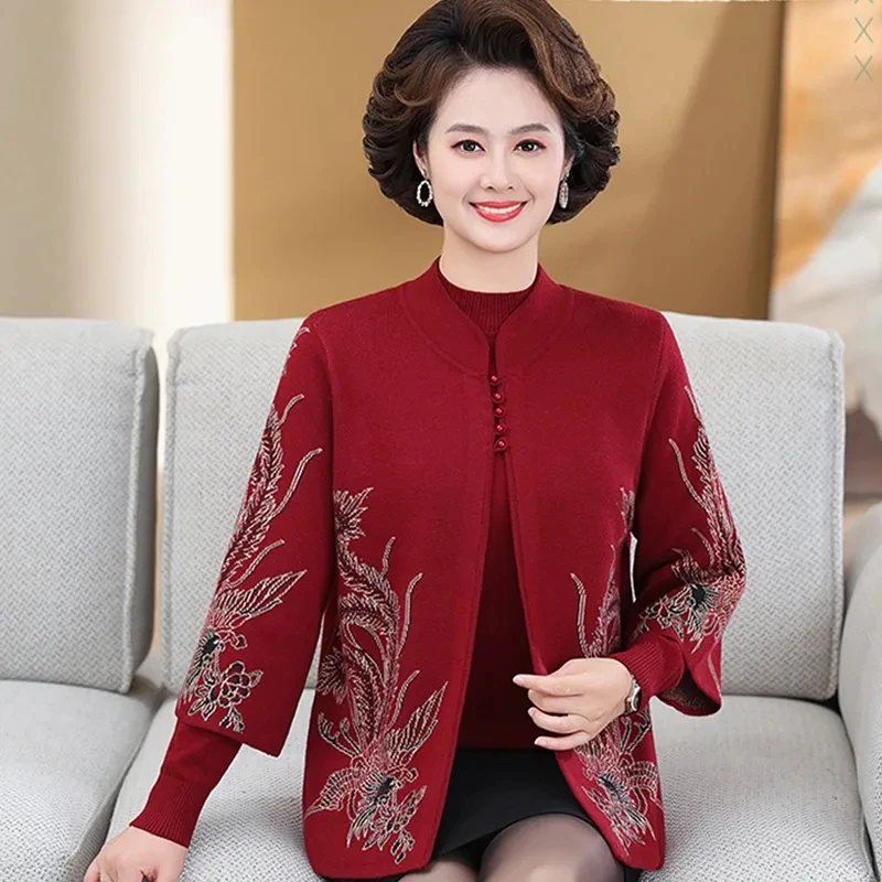 High End Middle-Aged Mother Knitted Cardigan Sweater 2 Piece Sets Spring Fall Thick Stand Collar Embroidered Cardigans Wool Coat