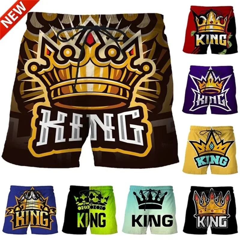 THE KING Golden Letter Print Beach Shorts For Men Women Casual Quick Dry Outdoor Board Shorts Streetwear Mens Swim Trunks