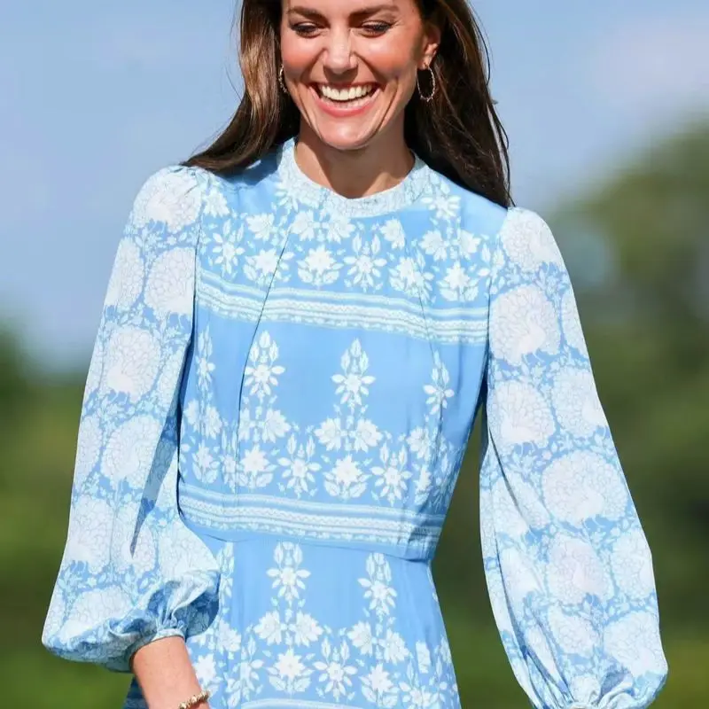 Kate Princess Blue Print Dress, O-Neck Lantern Sleeve, Long Sleeve Dresses, Fashion, 81504