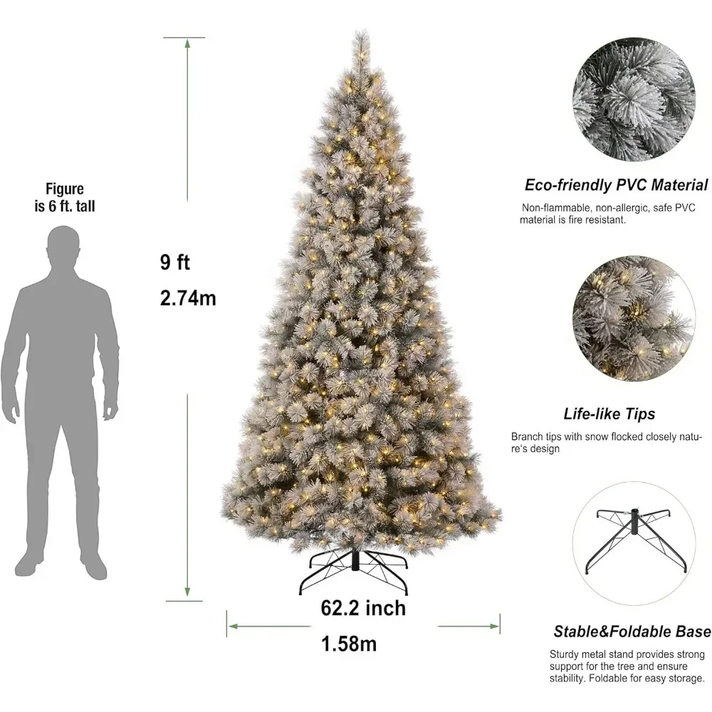 9ft Snow Flocked Spruce Christmas Tree,Tree with 900 Warm White Lights Holiday Decoration,Artificial Spruce Christmas