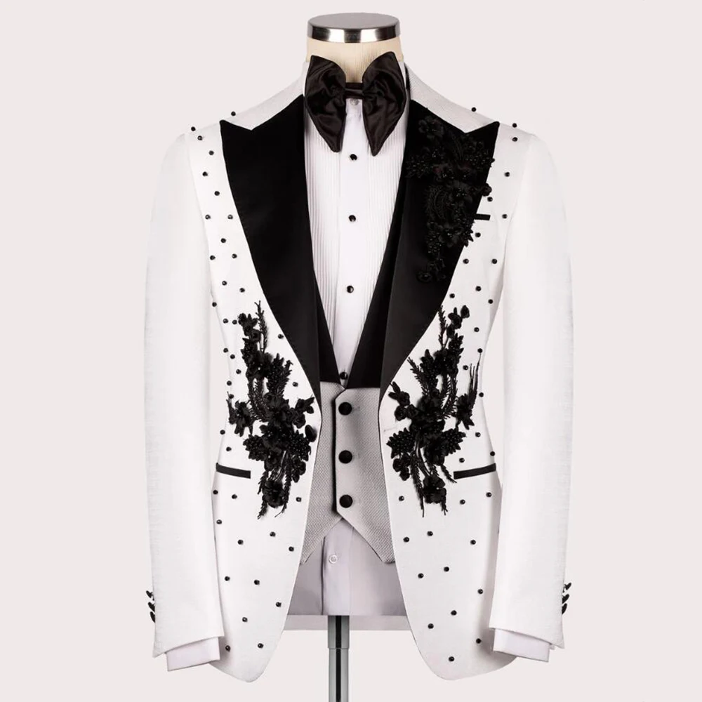 Luxury Suits Men Formal Party Groom Wear Wedding Tuxedos Customized Black Pearls Beaded Appliqued Prom Blazers Man Dinner Dress