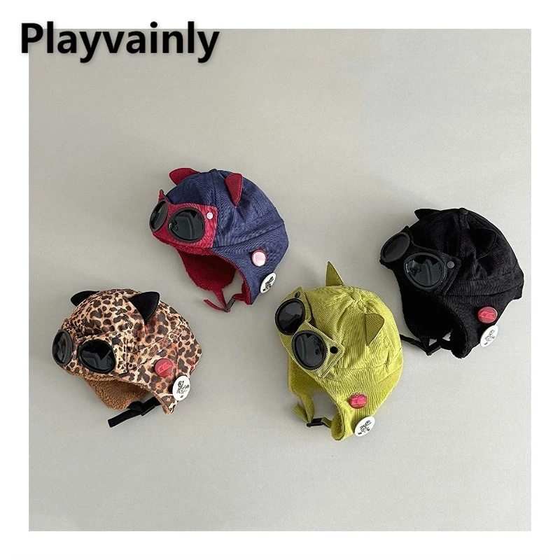 

2025 New Winter Parent Child Snow Russian Hat Fashion Fleece Lining Cat Ear Aviation Pilot Hat with Attached Sunglasses H1140