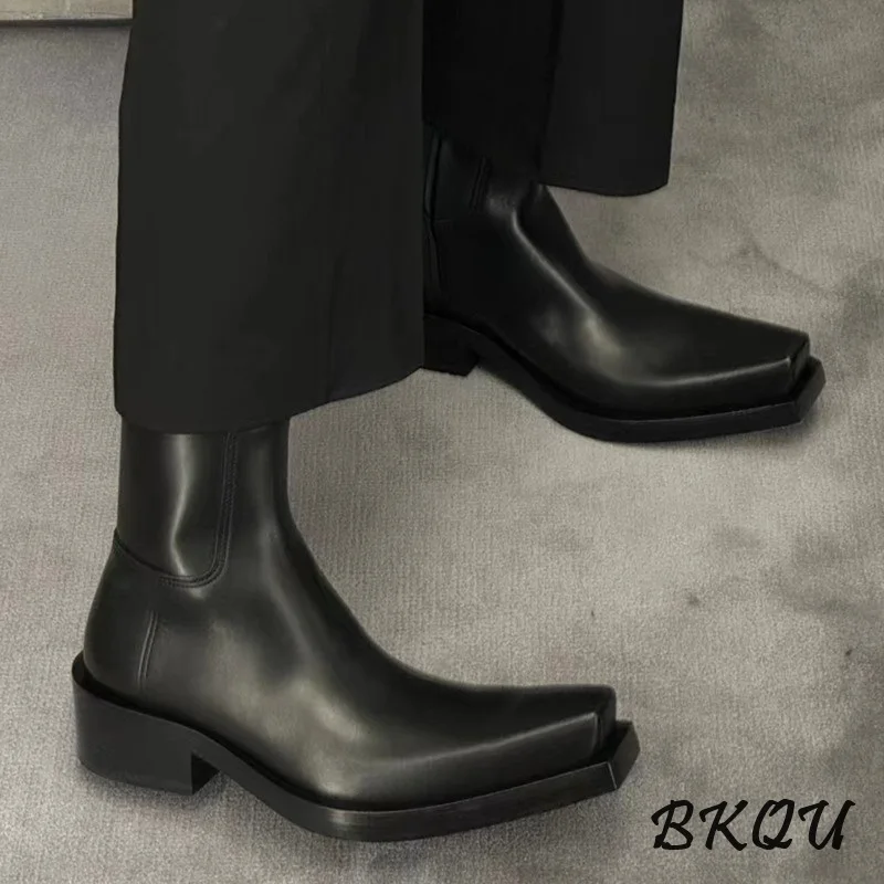 BKQU Square Head Chunky Heel Classic Knight Zipper Dark Thick Sole Men's Smoke Pipe Head Chelsea Leather Boots Tide Cool