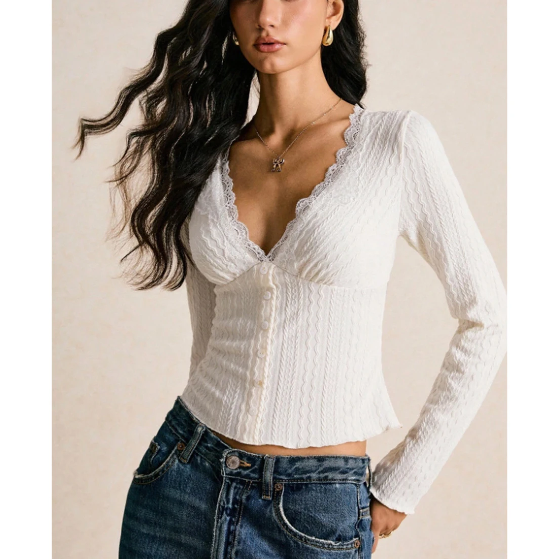 Cropped for v Neck Knit For Top for Women Made of Polyester with Lace Trim Solid Design Waist Definition and Regular Length