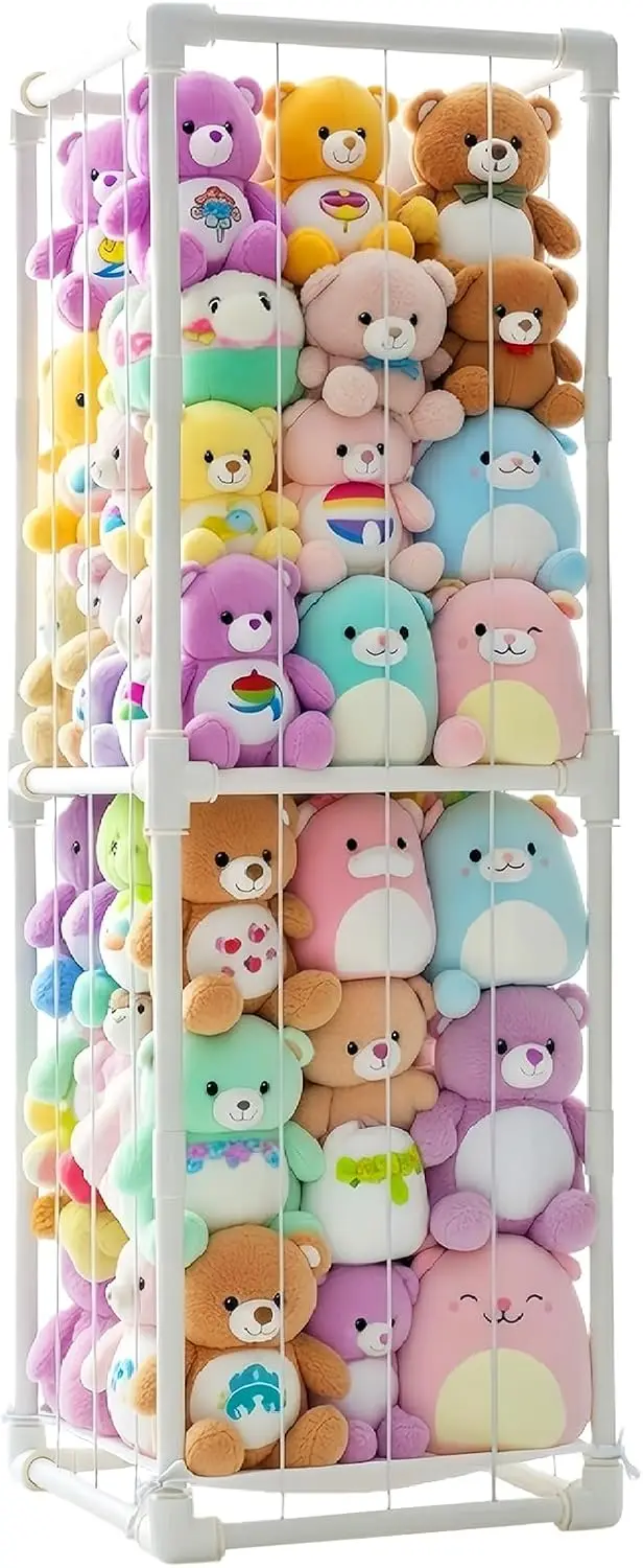 Gaiola Vertical de PVC Branco para Brinquedos de Pelúcia, 19x19x56.3 Polegadas, Estrutura de Corda Elástica Pré-Montada Aprimorada, Economia de Espaço para Quarto e Sala de Brincadeiras