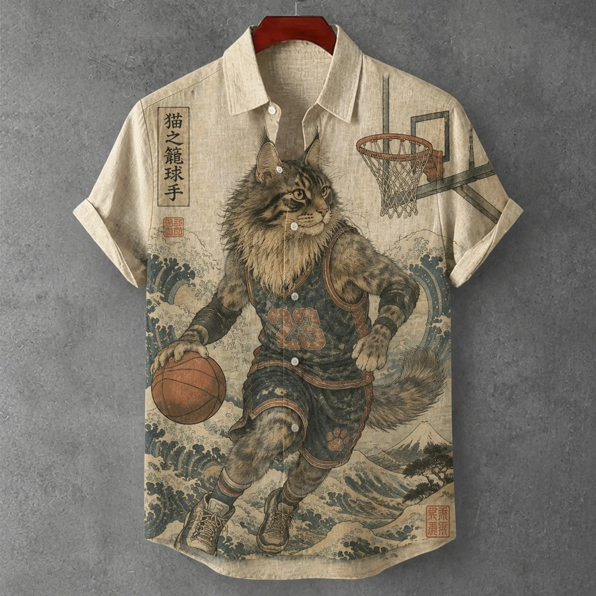 Men's Beige Short-Sleeve Shirt-Kanagawa Wave Print & Collar-Trendy Casual Vacation Top