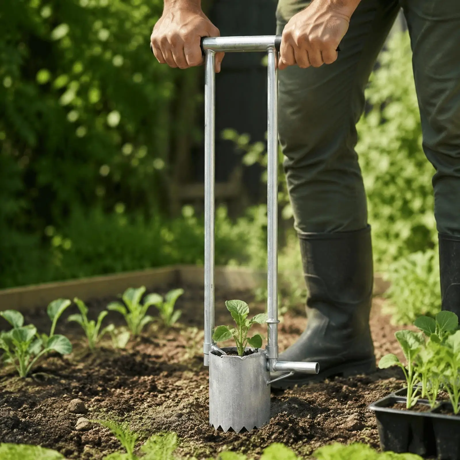 Long Handle Seedling Transplanter with Side Working Lever for Effortless Soil Coring and Planting Holes in Garden and Farm Plots