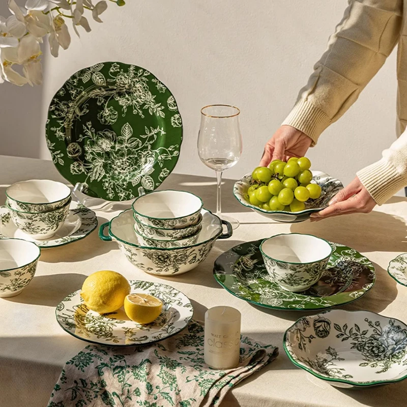 Retro Rose Flower Ceramic Plate Exquisite Chinese Style Dining Plates Delicious Dishes Soup Plate Rice Bowls Household Tableware