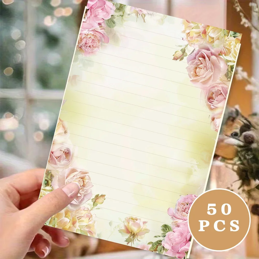 50 Sheets,Frenchstyle Gentle Rose Floral themed Writing Paper,Lined, Gluefree,Very Suitable For Notebooks, Memos, And Stickers