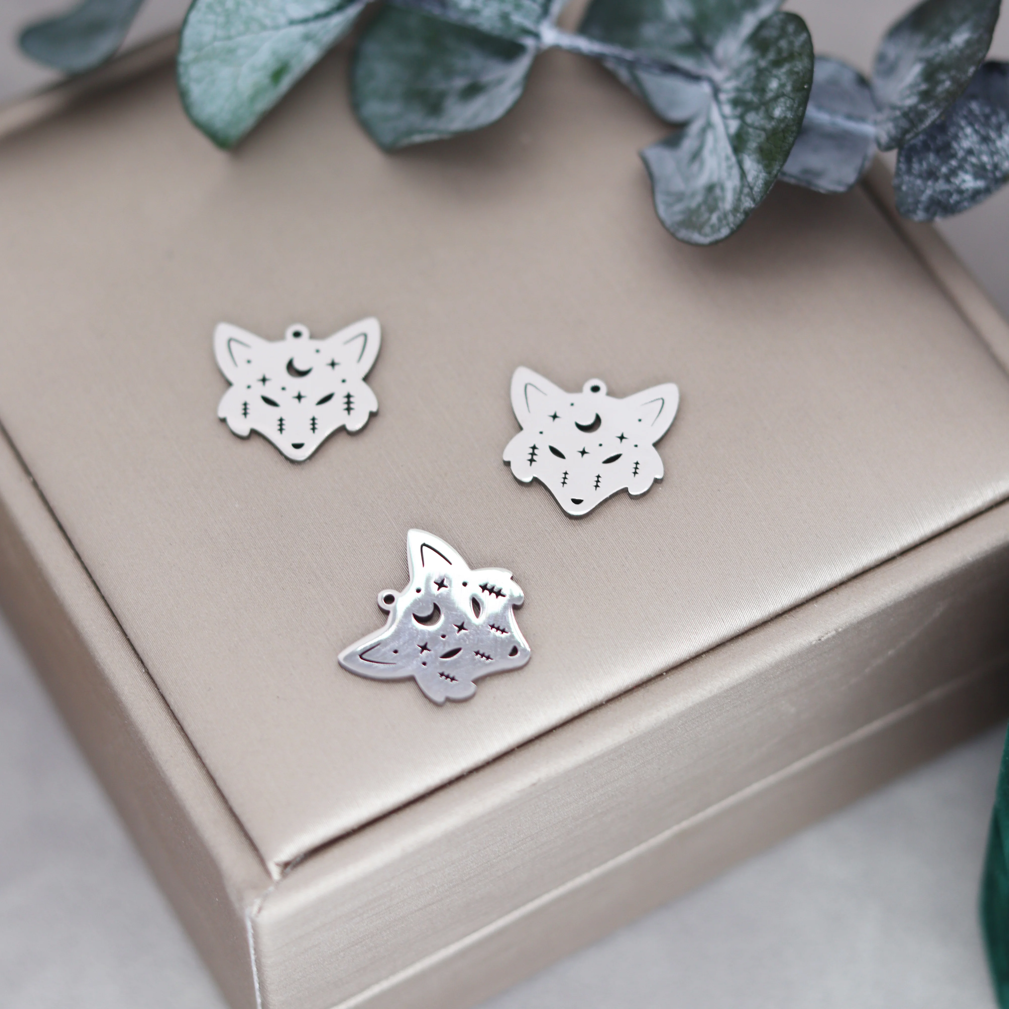 3PCS Fox Charms for Jewelry Making DIY Tassels Bracelets Crescent Moon Skyful Star Wolf Head Stainless Steel Pendant Earrings