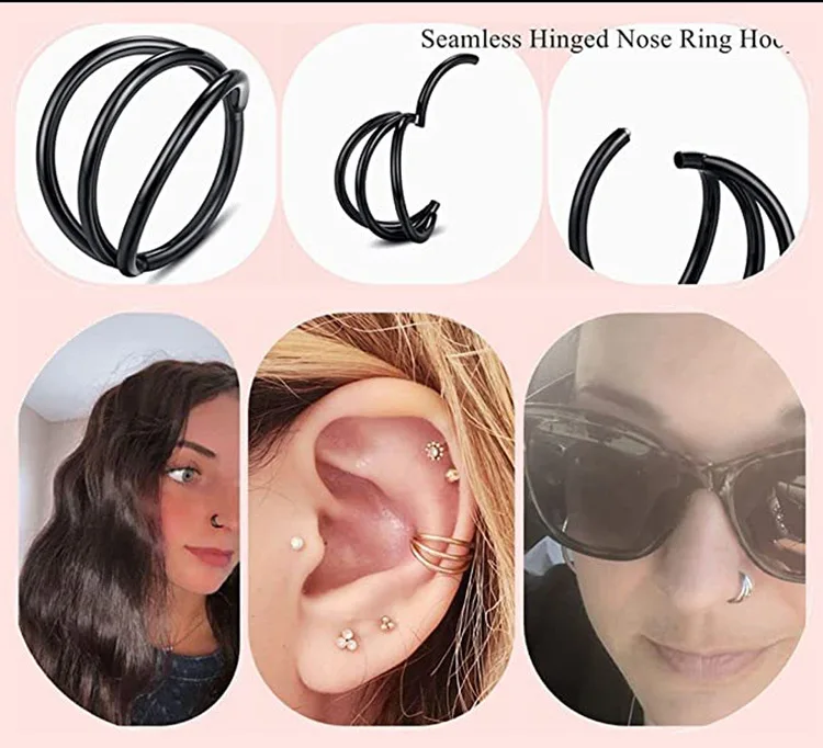 1PC Punk Black Surgical Steel Segment Tragus Helix Cartilage Earrings Nose Rings Septum Clicker Conch Body Piercing Jewelry 16G