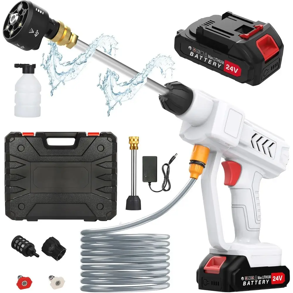 

Портативная электрическая мойка высокого давления 6 л/мин с 2 аккумуляторами, насадкой 6-в-1, распыление 6-10 м для чистки автомобилей/полов/патио