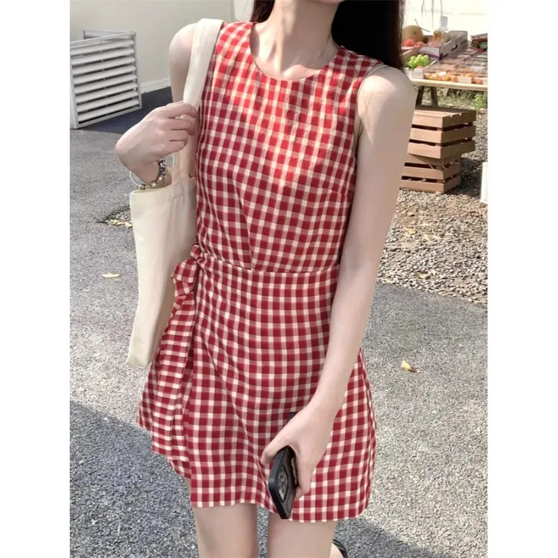 Summer Fashion Short Tank Dress donna Slim Fit Red Plaid gilet senza maniche Mini abiti Backless Solid Shirt Casual Y2k Clothes