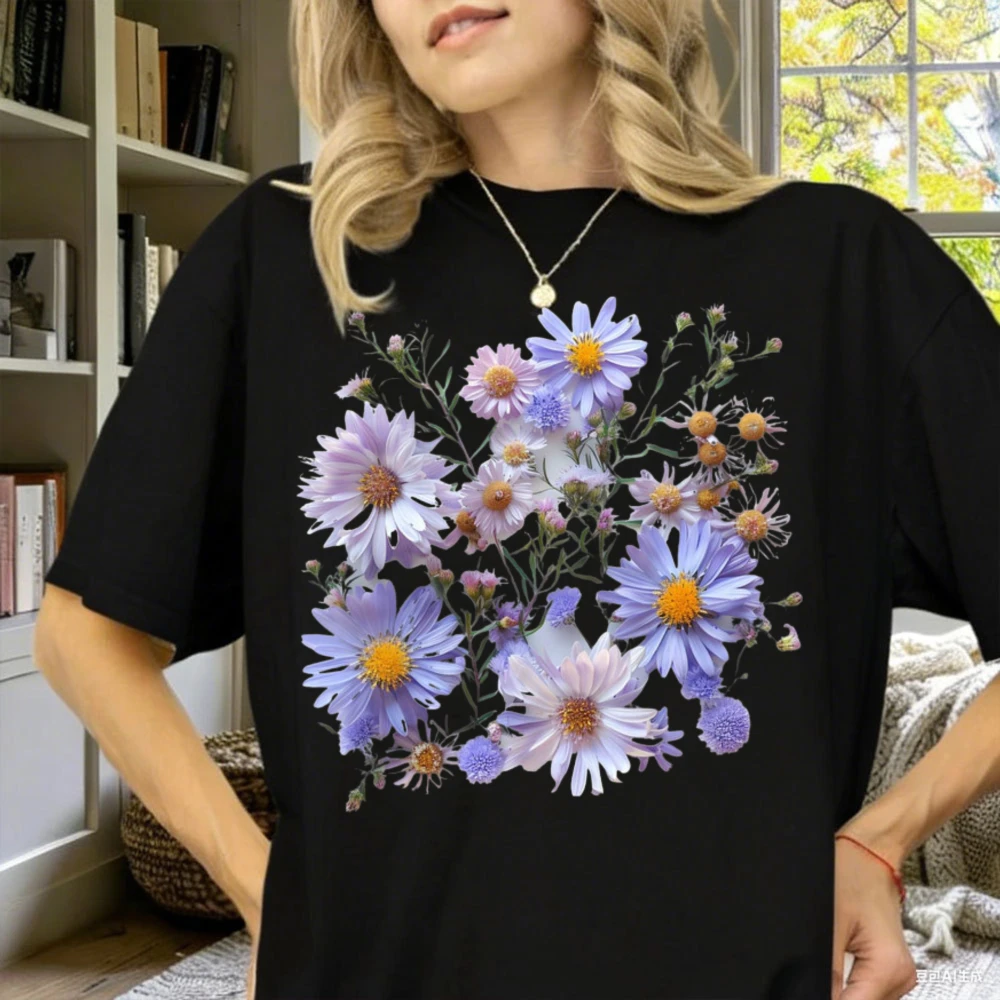 Pastel Wildflower Bouquet Floral A Delicate Cluster of Lavender Asters T-Shirt Cottagecore Pressed Flower Design Short-sleev