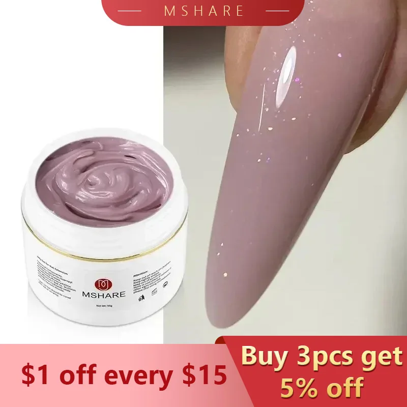 MSHARE Purple Sparkling Builder Jelly Gel Rubber Cream Hard Shimmer Nail Extension Pink Shiny Glitter Uv Construction Gel 50ml