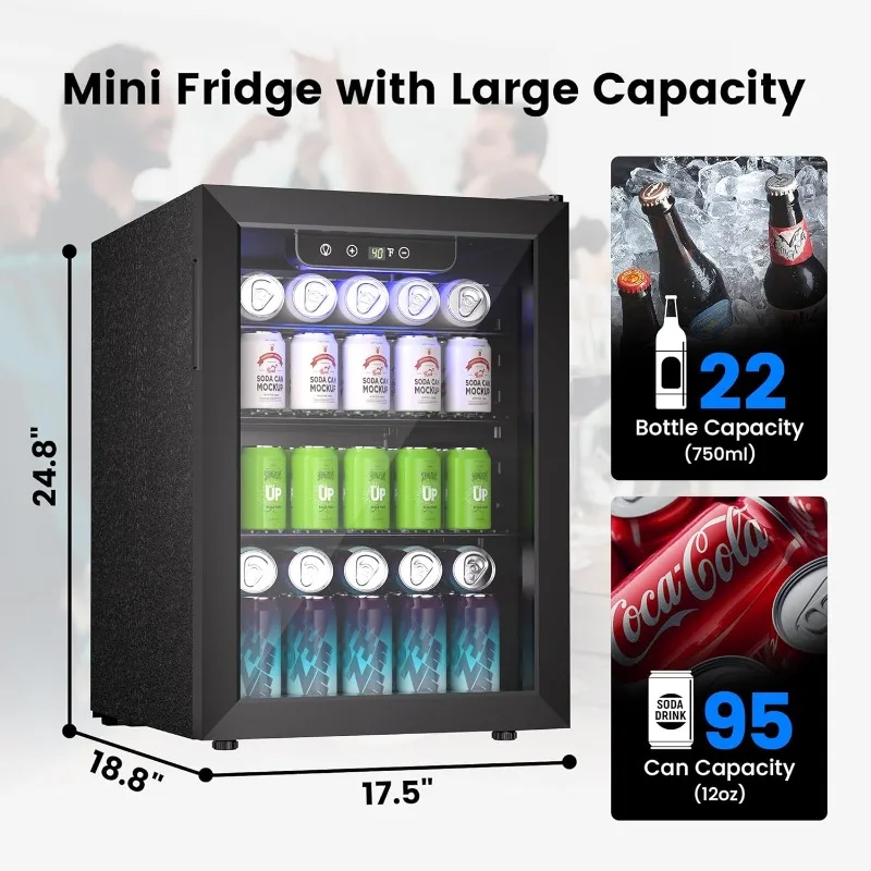 2.6 Cu.Ft Beverage Refrigerator Cooler - 95 Can Mini Fridge Glass Door for Soda Beer Wine, Small Refrigerator for Bedroom Office