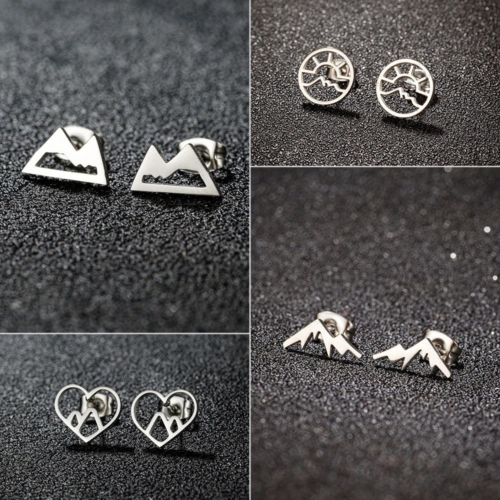 Shuangshuo 1 Pair Retro Snow Mountain Earrings for Men Minimalist Stainless Steel Peak Shape Jewelry Stud Earrings Climber Gift