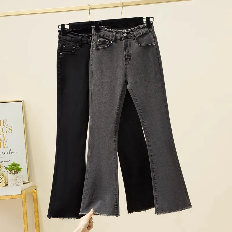 

High Waist Bell Bottom Jeans for plus Size Women Autumn Fashion Frayed Nine Points Cotton Stretch Denim Pants