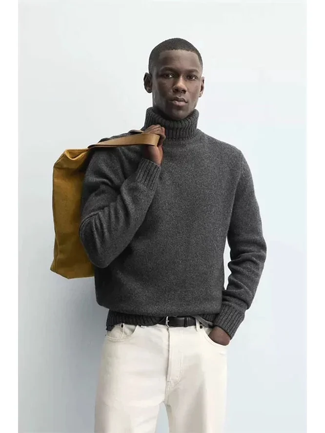 

Мужской вязаный свитер с высоким воротником из модала, облегающий, для зимы, повседневный, удобный, дышащий