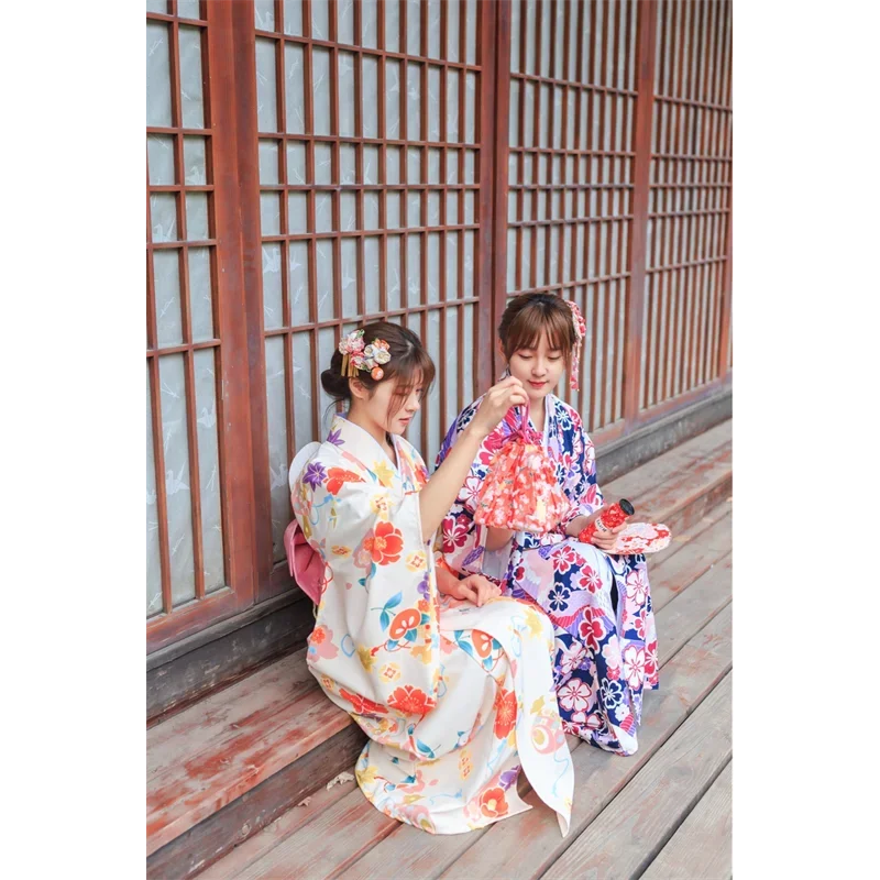 New Japanese Women's Yukata Kimono with Obi Clogs Full Set Cherry Blossom Print Asian Traditional Travel Geisha Cosplay Clothing