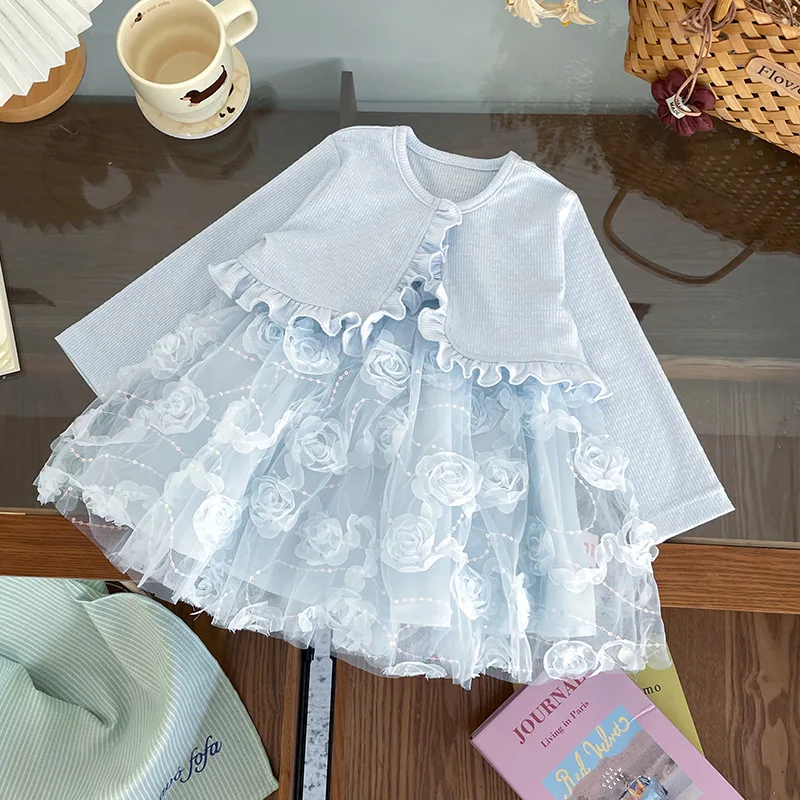 Fashion Rose Floral Mesh Sequin Princess for Girls Dresses Sweet Lace Edge Cardigan Sunscreen Top Beach Dress Tank Vestidos