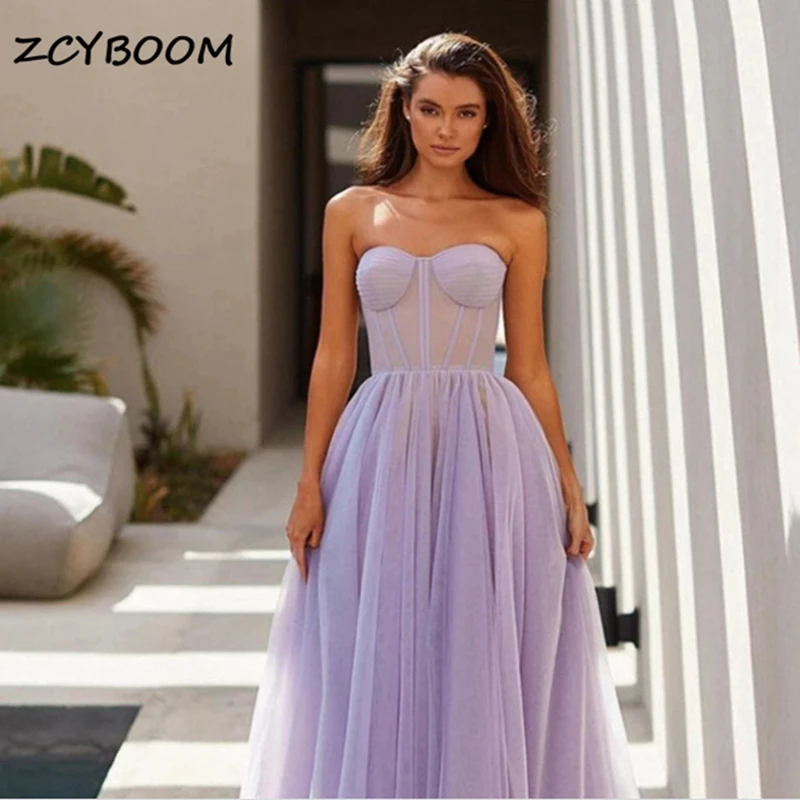 

Customized Elegant Strapless Evening Dresses 2025 Sweetheart A Line Sheer Corset Top Mid Calf Length Party Prom Gowns For Women