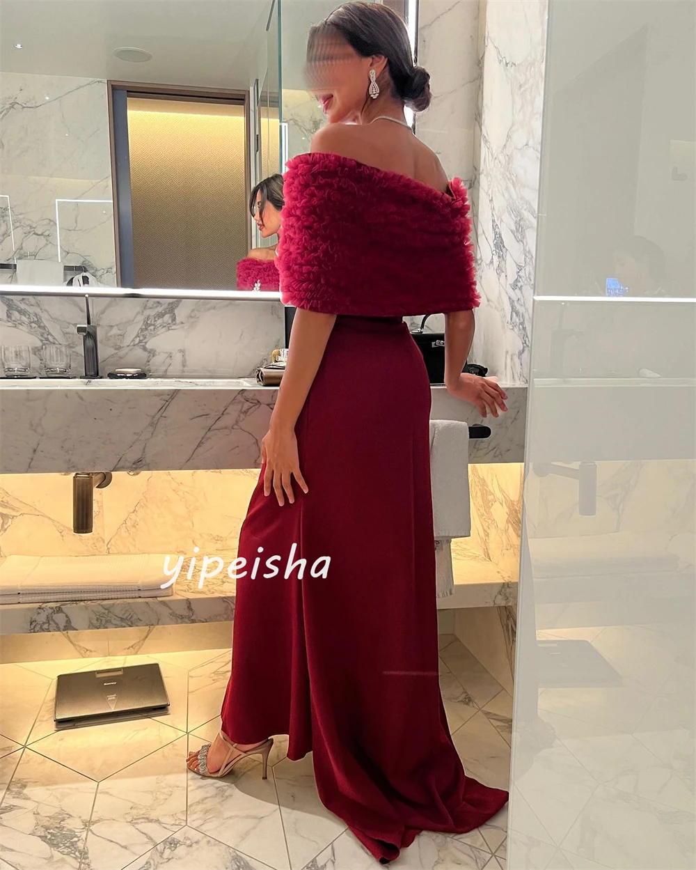 Formal Classic Jersey Rhinestone Pleat Ruched Mermaid Off-the-shoulder Long Dresses Quinceanera Dresses Sizes Available Casual