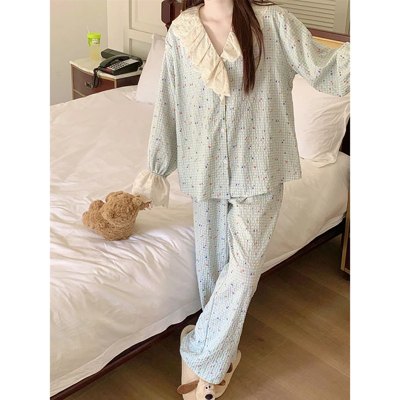 Lace Sleepwear Women Pajama Sets Piiama Autumn Pants Sets 2 Pieces Plaid Floral Flare Long Sleeve Night Wears V-neck Home Suit