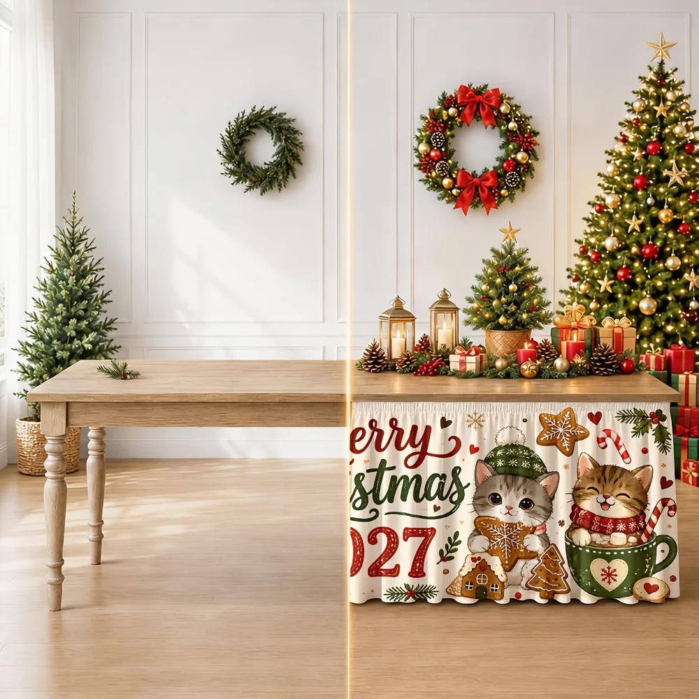 One table skirt. Holiday Christmas cat decoration. Kitchen and dining room activity party.