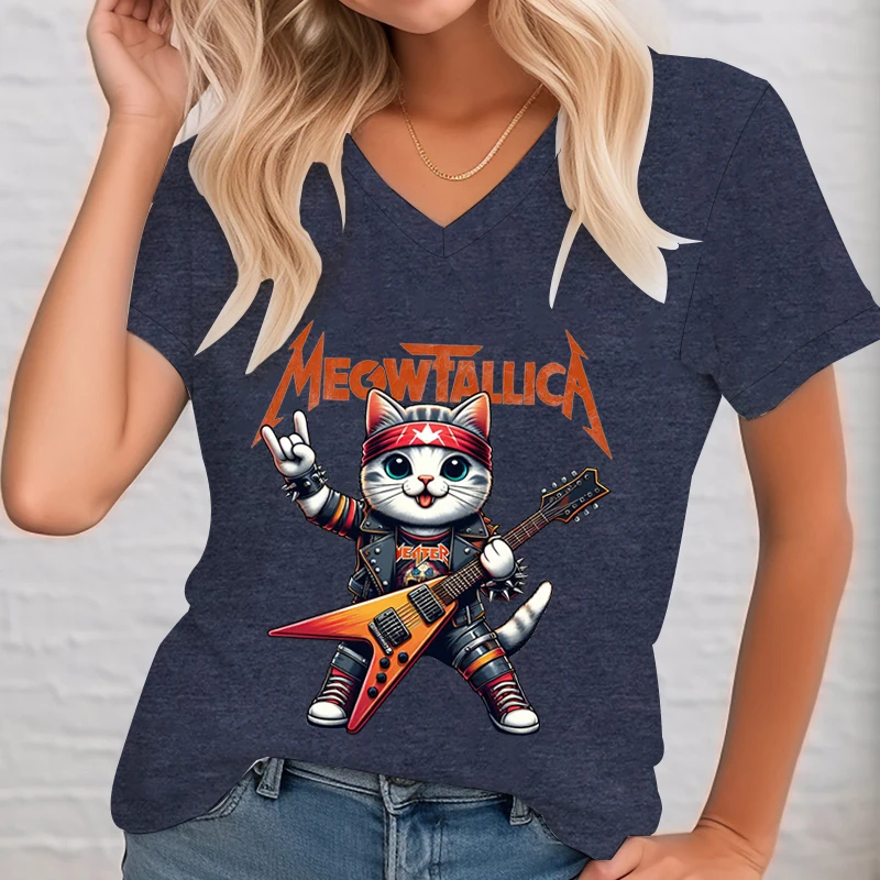 Miłośnik muzyki rockowej Koszulki z krótkim rękawem Kobieta Kot grający na gitarze Modne Casualowe Topy Koty Muzyka rockowo-rolkowa Prezent Kobieta T-shirt — zdjęcie 6
