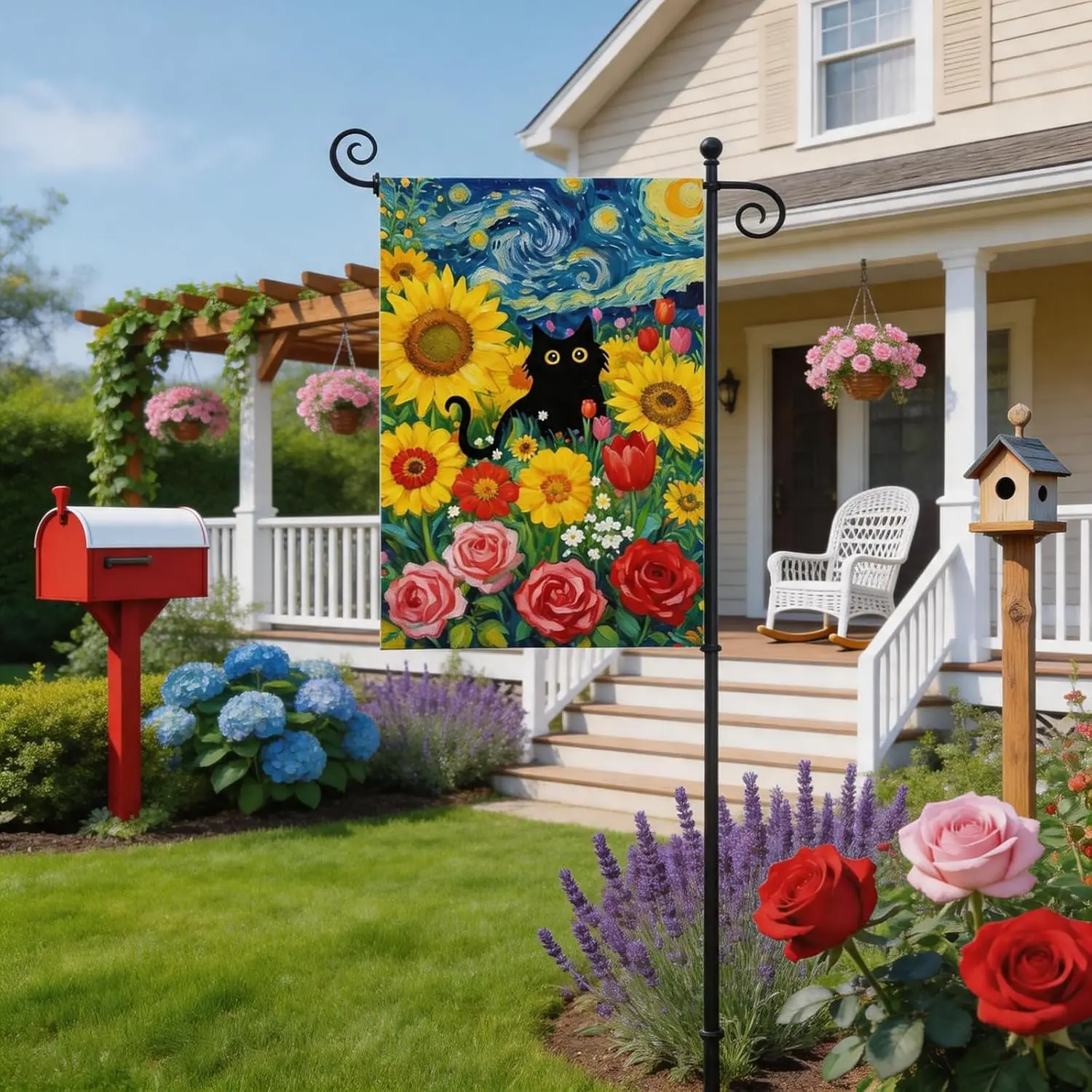 Spring Summer Black Cat Garden Flag Double Sided 12 x 18 Inch Burlap, Sunflowers and Roses Flag Yard Lawn Seasonal Farmhouse yyi