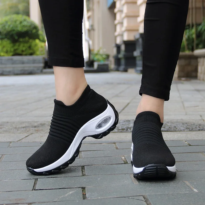 Damen-Walking-Trainer, modische Fly-Weave-Socken-Sneaker, atmungsaktive, bequeme Pflegeschuhe, lässige Plateau-Loafer, rutschfest – Detail 7