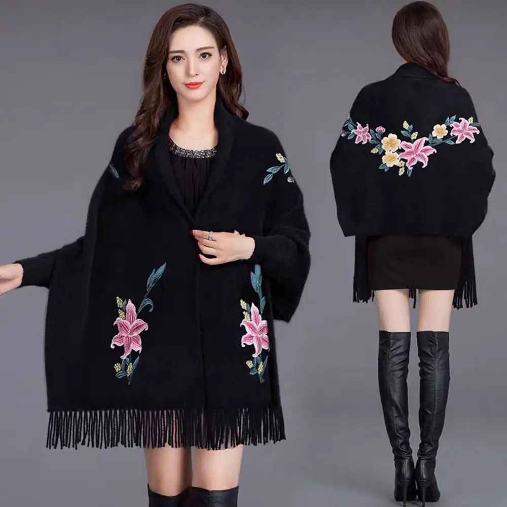 

Imitation Cashmere Embroidery Scarf Thicken Tassel Long Fringed Shawl Elegant Luxury Cloak Cardigan Cape