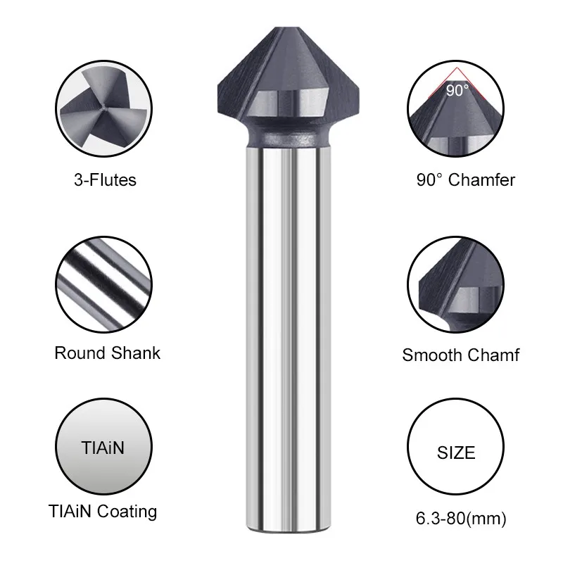 AZZKOR 6.3mm-60.0mm Reverse Alloy Countersunk Drill Bit Tungsten Steel Carbide 3-Flutes 90-Degrees Chamfering Cutter