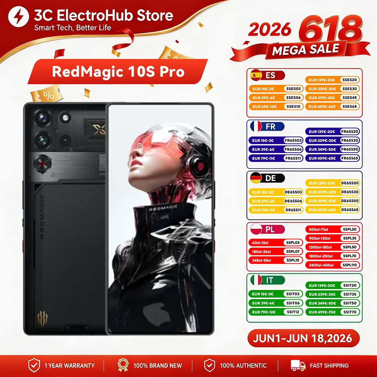 RedMagic 10S Pro,  Version mondiale 5G téléphone de jeu ,Snapdragon 8 Elite leading,  7050mAh 80W charge rapide 6.85 pouces