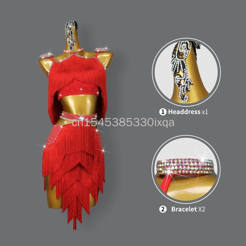 新しいレッドラテンダンスタッセルドレスシニアガールズ競技服セクシーな社交スカート大人トップス女性練習着カスタマイズ